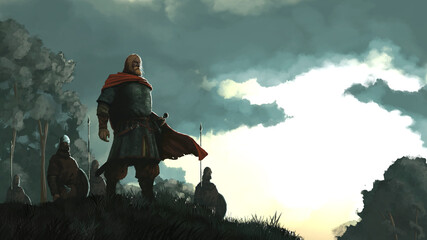 Vikings at dawn stand against the background of the forest. Dawn illuminates the silhouettes of warriors. The leader's cloak flutters in the wind. 2D illustration, digital art style