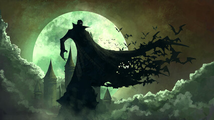 Dracula stands on a rock, his cloak fluttering in the wind. In the background is a gloomy castle, a full moon and clouds. 2D illustration, digital art style, illustration painting 