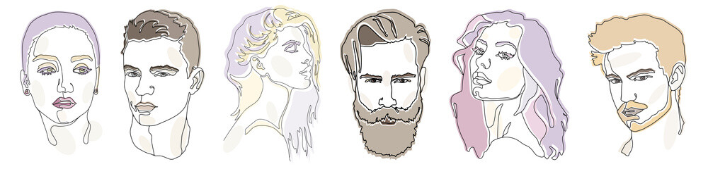 Set. Drawing of the face line 1, 2, 3. Portrait of men, girls in pastel colors