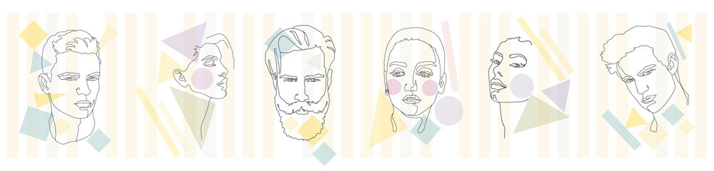 Set. Face line art 1, 2, 3. Men, girls and geometry