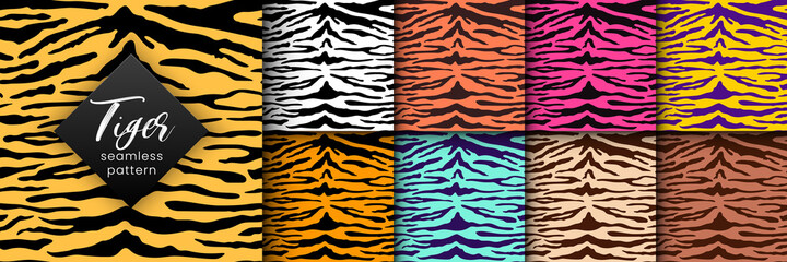 Tiger seamless pattern set. Vector wild animal skin textured background, tiger or zebra stripes print on color background. Abstract jungle safari texture for fashion print design, fabric, textile