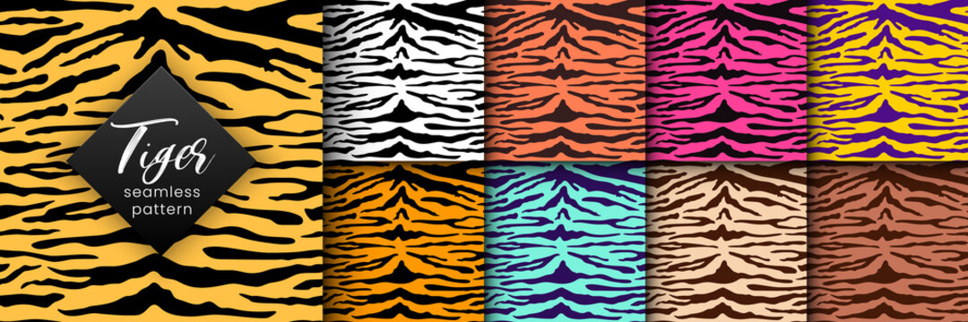 Tiger seamless pattern set. Vector wild animal skin textured background, tiger or zebra stripes print on color background. Abstract jungle safari texture for fashion print design, fabric, textile