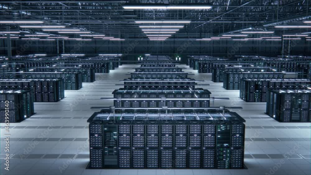 Poster Modern Data Technology Center Server Racks Working in Well-Lighted Room. Concept of Internet of Things, Big Data Protection, Storage, Cryptocurrency Farm, Cloud Computing. 3D Fast Panning Camera Shot.