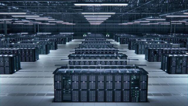 Modern Data Technology Center Server Racks Working in Well-Lighted Room. Concept of Internet of Things, Big Data Protection, Storage, Cryptocurrency Farm, Cloud Computing. 3D Fast Panning Camera Shot.