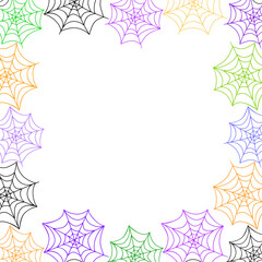 Square frame, border of spider web. Halloween vector background. Multicolored, colorful, isolated, hand drawn decor