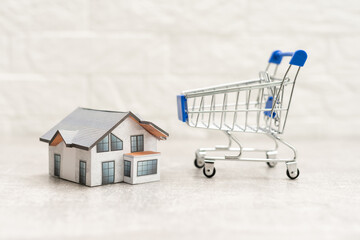 house model in shopping cart and word HOME on white background with copy space.
