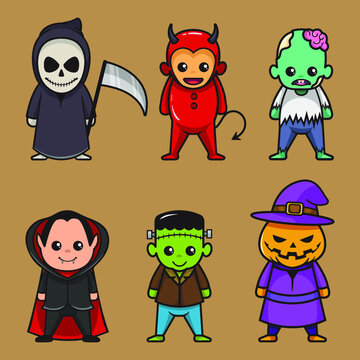 set of funny cartoon characters, halloween character, grimreaper, red devil, zombie, dracula, pumpkin, frankenstein. vector illustration