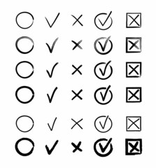 Check and cross mark vector set. Marker cross brush signs. OK and X icons in hand drawn style.