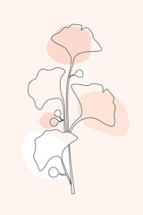 Contemporary abstract minimalistic poster with branches and leaves of the ginkgo biloba plant. Drawing with a line. Botanical illustration. Vector graphics.