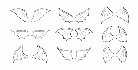 Gargoyle, demon, devil doodle wing set vector. Hand drawn pencil style wing. Bat, vampire silhouette
