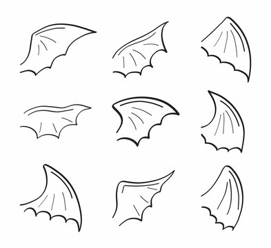 Gargoyle, demon, devil doodle wing set vector. Hand drawn pencil style wing. Bat, vampire silhouette