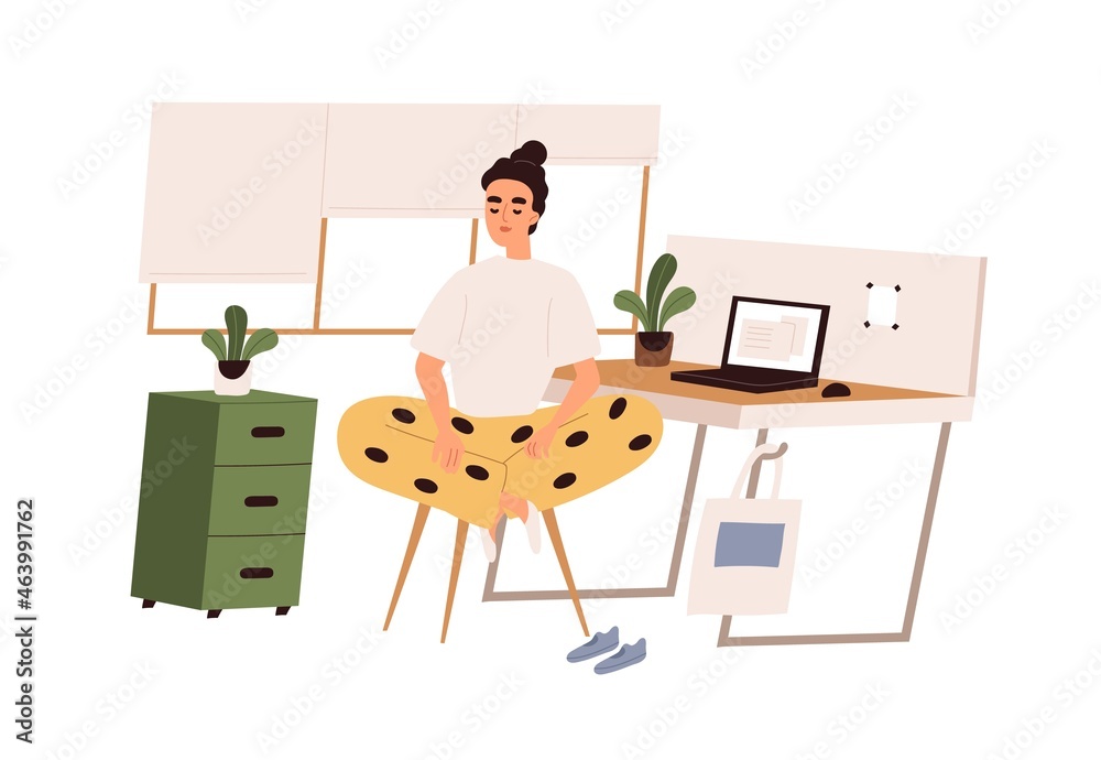 Aufkleber person doing yoga exercises during work break. meditation of happy office worker on chair at workpla
