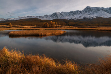 mountains lake island sunset reflection trees autumn