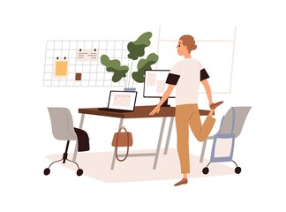Happy person doing physical exercises, stretching body at workplace. Employee warming up during healthy break. Workout at work in office. Colored flat vector illustration isolated on white background