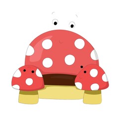 Nice cartoon sofa made of amanita mushrooms in the form of a kind character. Picture for the development of imagination. Hand drawn vector illustration