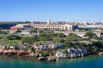 L'Illa del Rei Hospital Island in the middle of the main navigable entry channel to Mahon in...
