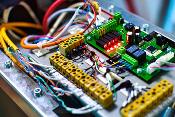 Electronic device with wires and chips close-up. Background