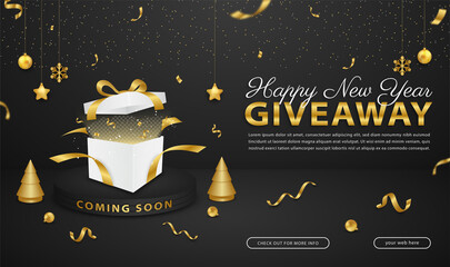 New year giveaway banner template with podium on black background