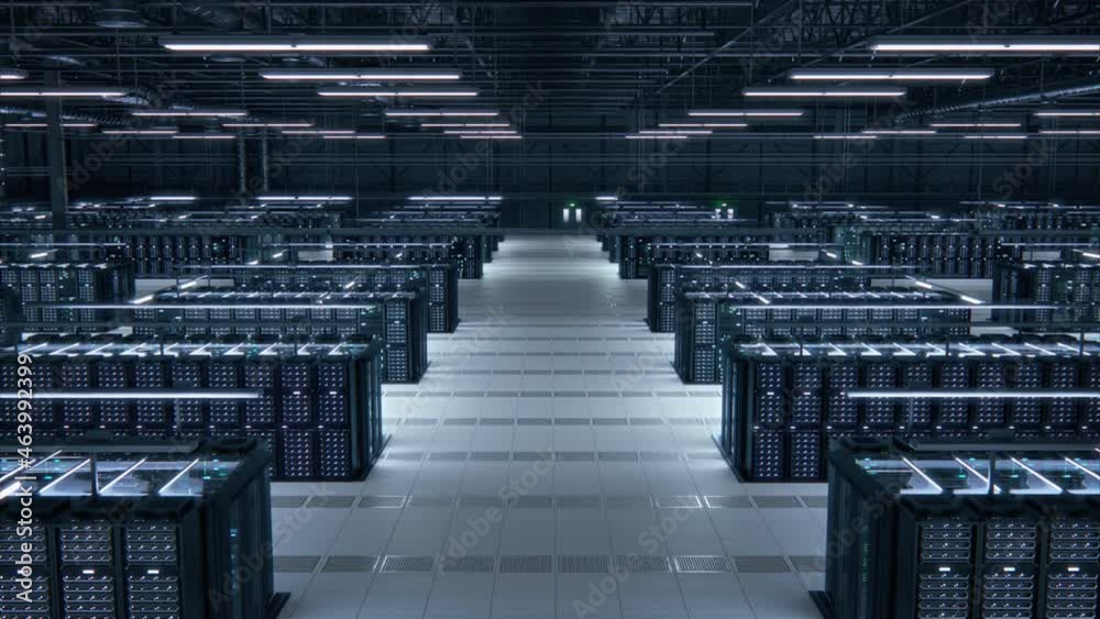 Aufkleber Modern Data Technology Center Server Racks Working in Well-Lighted Room. Concept of Internet of Things, Big Data Protection, Storage, Cryptocurrency Farm, Cloud Computing. 3D Moving Back Camera Shot.