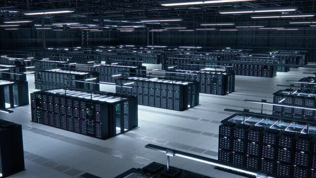 Modern Data Technology Center Server Racks Working in Well-Lighted Room. Concept of Internet of Things, Big Data Protection, Storage, Cryptocurrency Farm, Cloud Computing. 3D Moving Back Camera Shot.