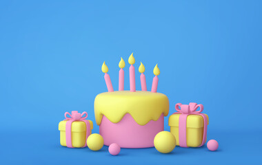 Cartoon cake with candles and gift boxes on blue background