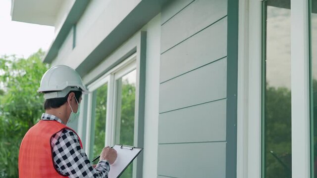 Inspector Engineers Are Doing Checks Roof And Outside Windows .Contractor Is Record The House With Reference To The Construction Standards. The Construction Civil Concept.