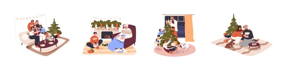 Happy families during preparation for Christmas and New Year holidays at home. Set of people at dinner, at fireplace, decorating Xmas fir. Colored flat vector illustration isolated on white background