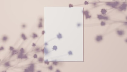 Fototapeta na wymiar Blank business page on light pink background with shadows from flowers. 3D rendering of template for design. 