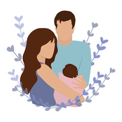Happy new parents holding baby. Young mom and dad, new born child flat vector illustration. Having baby, parenthood, child care concept for banner, website design or landing web page.