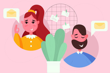 Flat illustration cute people exchange messages at work. 