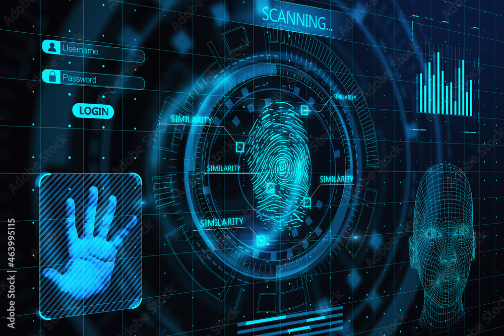 Poster Abstract glowing finger scanning hologram on dark backdrop. Fingerprint and identity concept. 3D Rendering.