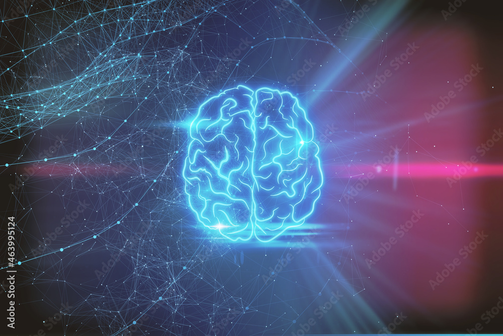 Poster Abstract glowing brain with polygonal mesh on colorful tech background. Artificial intelligence and machine learning concept. 3D Rendering.