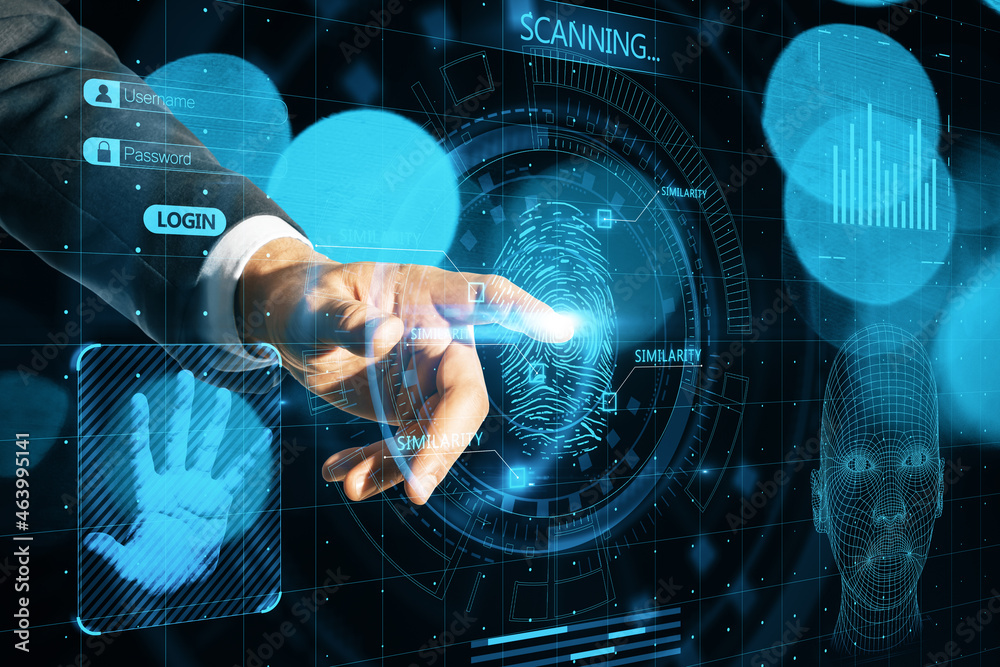 Poster businessman hand pointing at abstract glowing finger scanning hologram on dark background. fingerpri