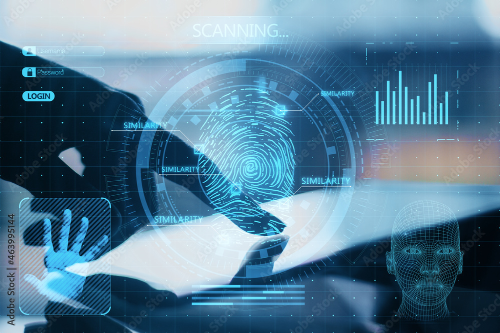 Poster close up of backlit female hand pointing at tablet with abstract glowing finger scanning hologram on