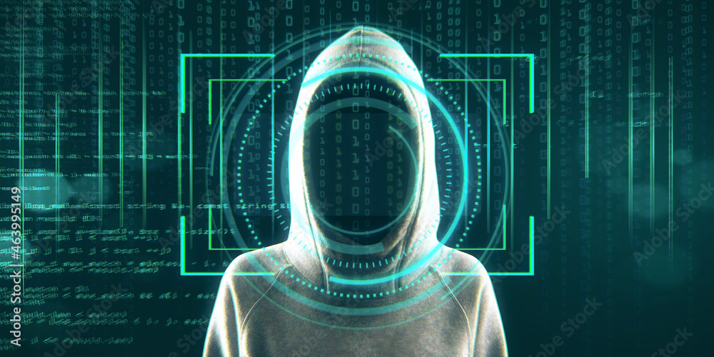Leinwandbilder Hacker standing on abstract binary code background with face recognition interface. Hacking, ID and innovation concept. Double exposure.