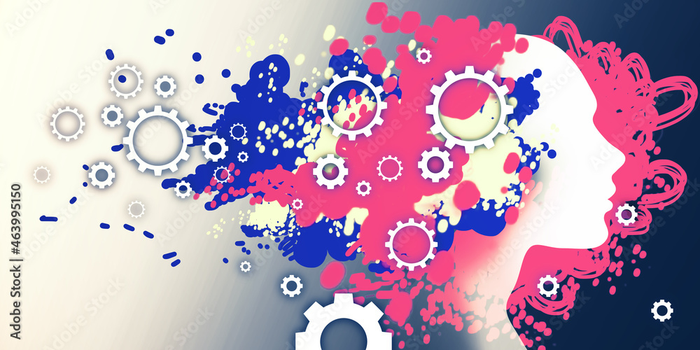 Poster abstract colorful wide image of head outline with gears sketch on white texture. art, brain and solu