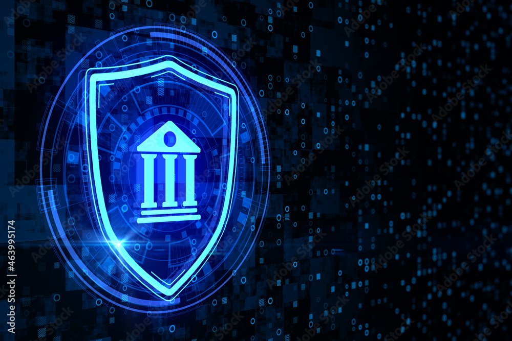 Poster Abstract glowing shield with bank icon on dark binary code background with mock up place. Online banking and security concept. 3D Rendering.
