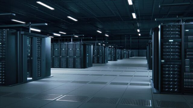 Modern Data Technology Center Server Racks Working in Well-Lighted Facility. Concept of Internet of Things, Big Data Protection, Storage, Cryptocurrency Farm, Cloud Computing. 3D Arc Camera Shot.