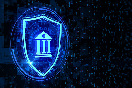 Abstract glowing shield with bank icon on dark binary code background with mock up place. Online banking and security concept. 3D Rendering.