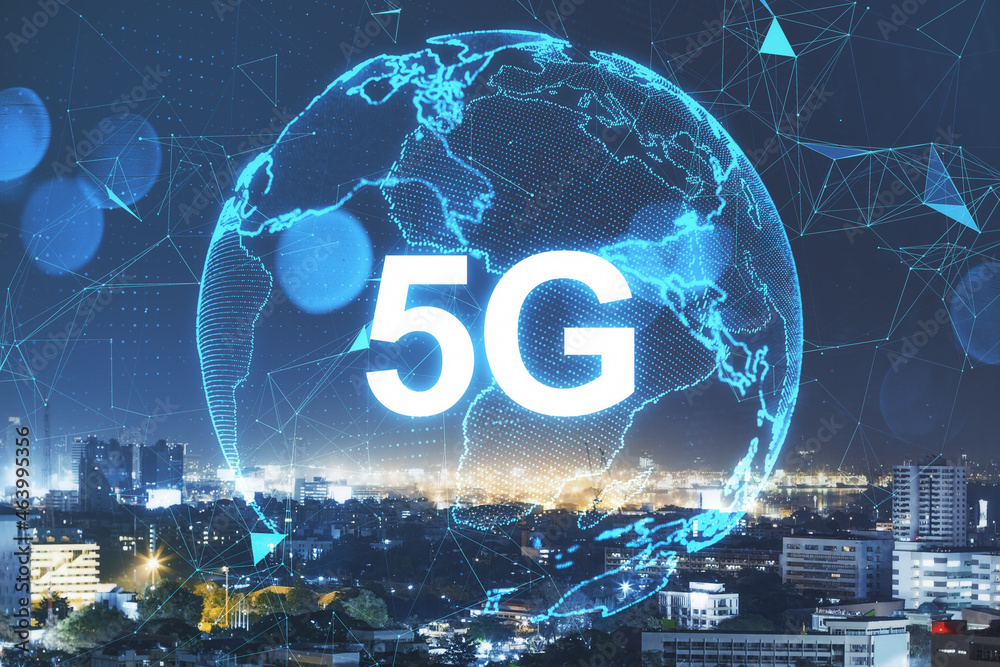 Aufkleber globe with 5g hologram on blurry night city background. technology, data and future concept. double 