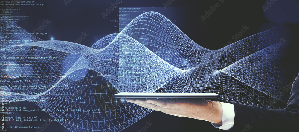 Poster Close up of businessman hand holding tablet with abstract coding and digital web hologram on blue background. Technology, device and innovation concept.