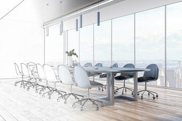 Fototapeta na wymiar Sketch of contemporary wooden and concrete meeting room interior with panoramic city view, daylight and large table with chairs. Corporate design, repairs and blueprint concept. 3D Rendering.