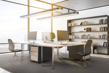 Bright office interior with equipment, furniture, sunlight, window with city view and concrete flooring. Worplace and workspace concept. 3D Rendering.
