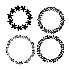 Hand drawn vector round frame. Floral wreath with leaves, berries, branches Decorative elements for design. Ink, vintage and rustic styles.