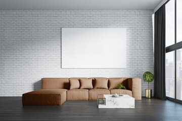 Modern living room interior with empty white mock up banner on brick wall, big couch, other pieces of furniture, curtain, window with daylight and city view. 3D Rendering.