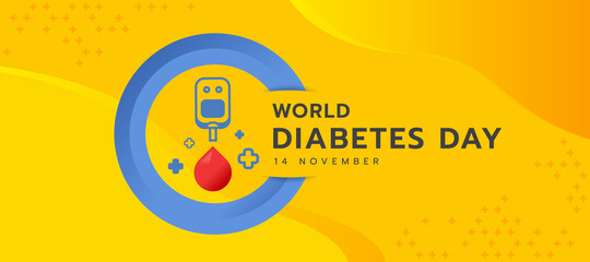 world diabetes day banner - red drop blood and Blood Glucose Meter symbol in Universal blue circle symbol for diabetes on yellow curve texture background vector design
