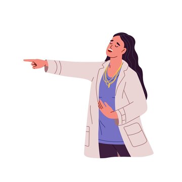 Person laughing and mocking, pointing at smb with index finger. Woman giggling. Negative bad rude loud laughter. Colored flat vector illustration of mockery isolated on white background