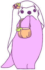 立ちあがって両手を口元にあてている仮装をしたハロウィンを楽しむラッコ（紫色）