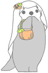 立ちあがって両手を口元にあてている仮装をしたハロウィンを楽しむラッコ（灰色）