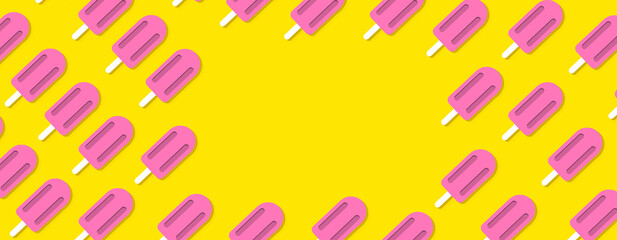 Seamless pattern from Ice cream sticks on pastel yellow with place for photo or text. Usable for banner, cover or header